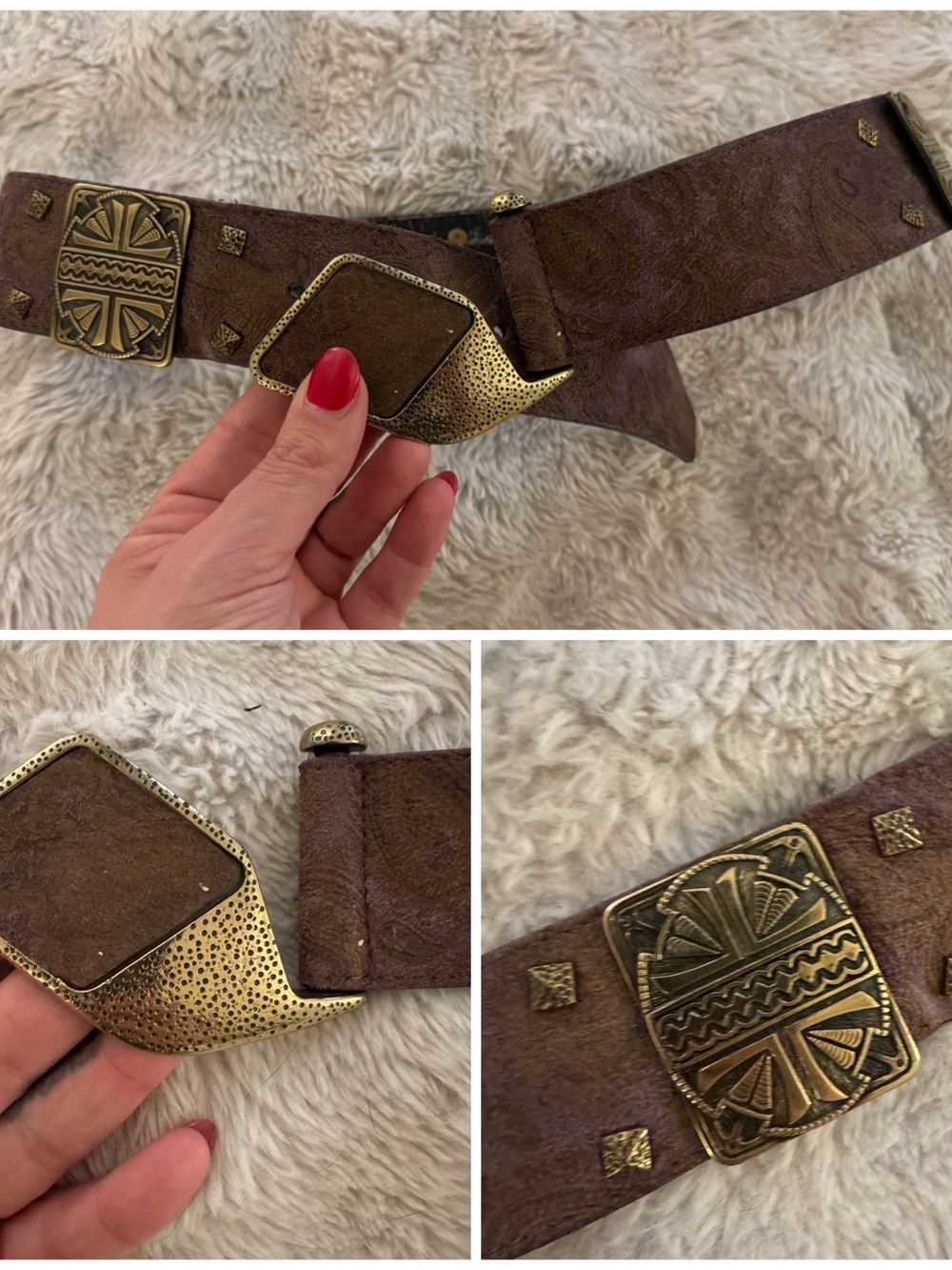 Vintage Brown Leatherette Women's Belt with Antique Gold Accent Buckles